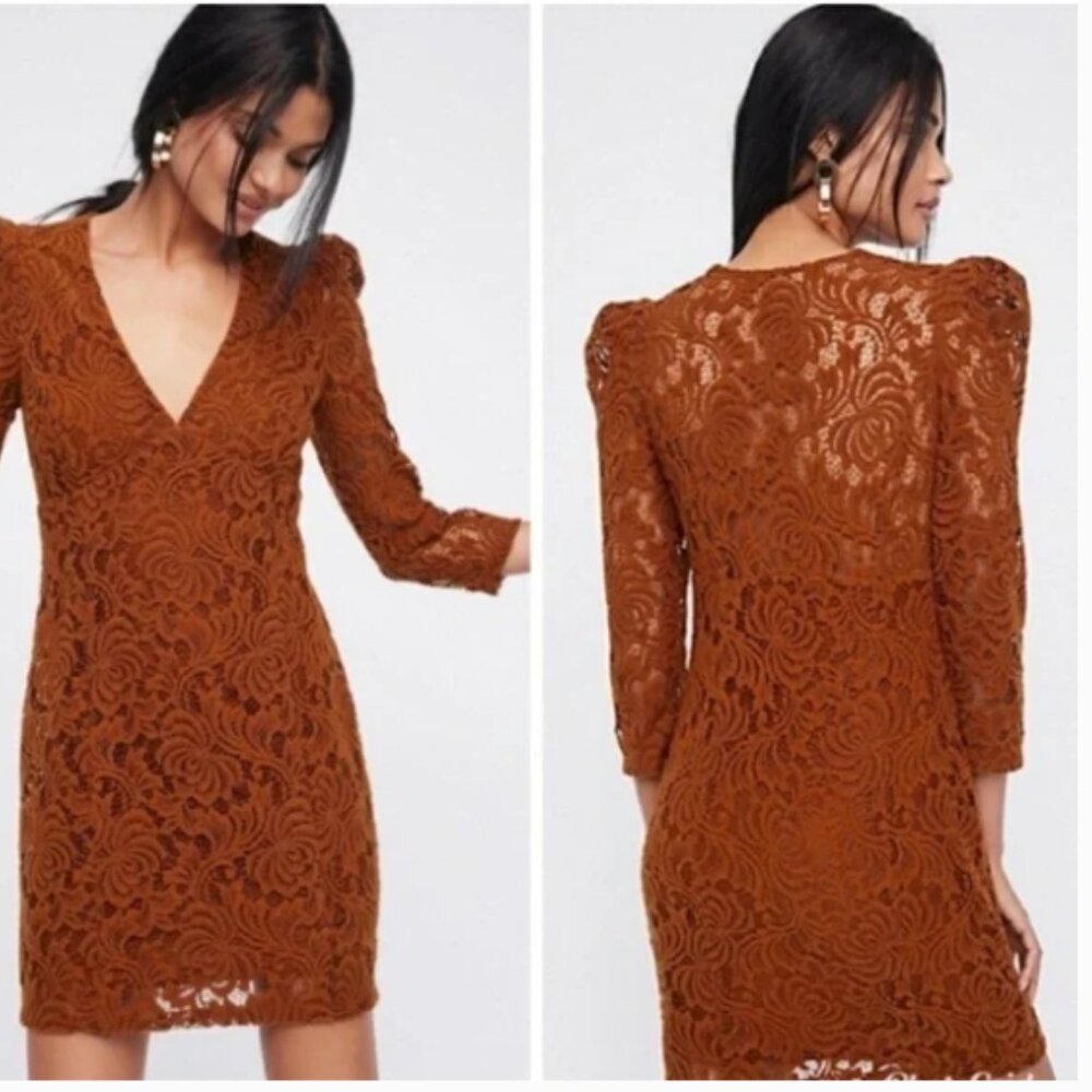 Free People Brown Boho Crochet Lace V‑Neck Mini Dress | Long Sleeve | Size L